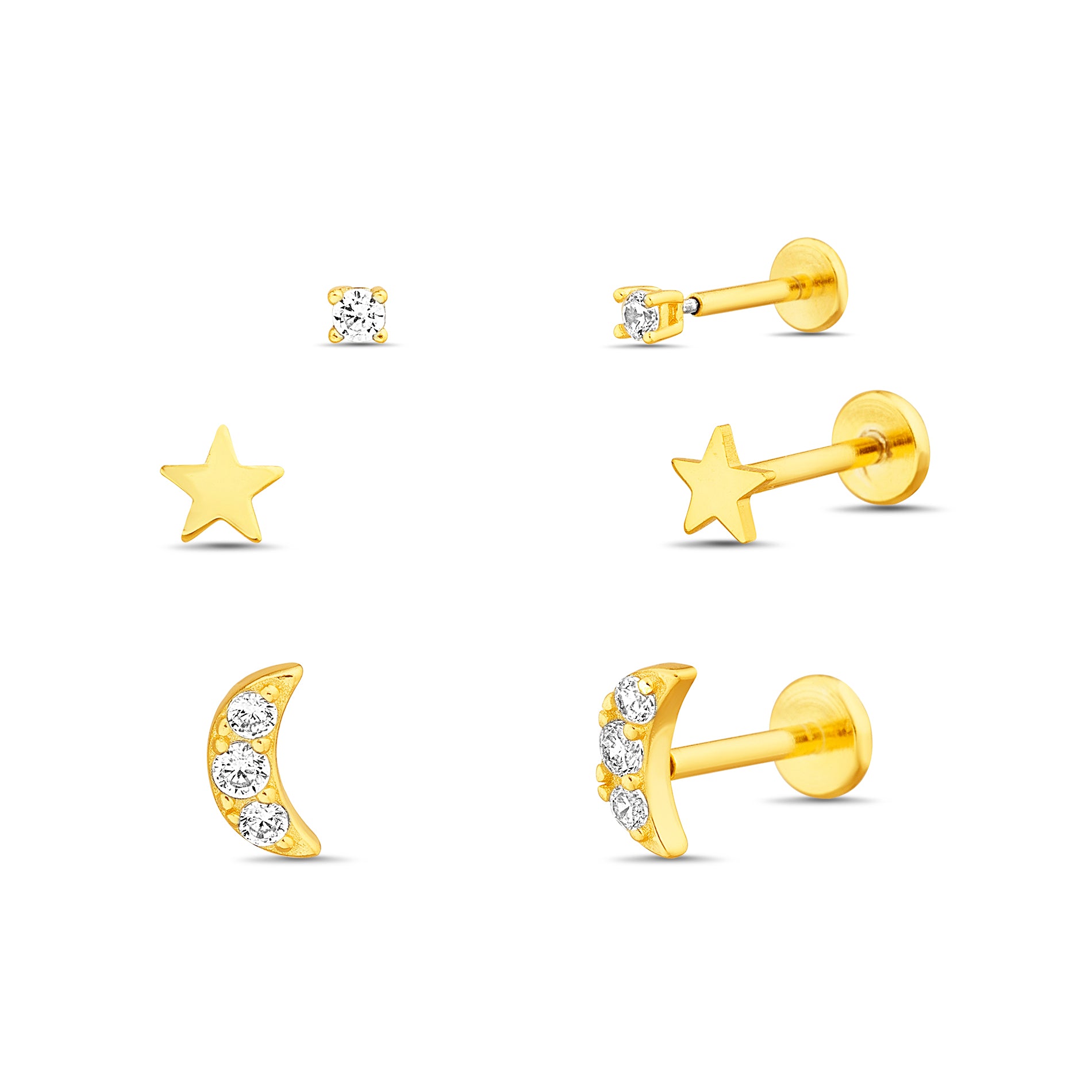 Gold Comfort Earrings Set - CZ Round, Crescent, & Star
